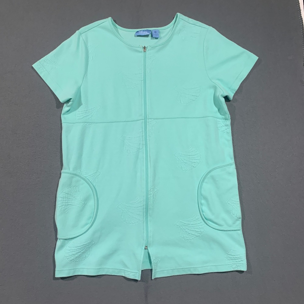 Sun Casuals Aqua Blue Seashell Embossed Full Zip Short Sleeve‎ Top Plus Size 1X